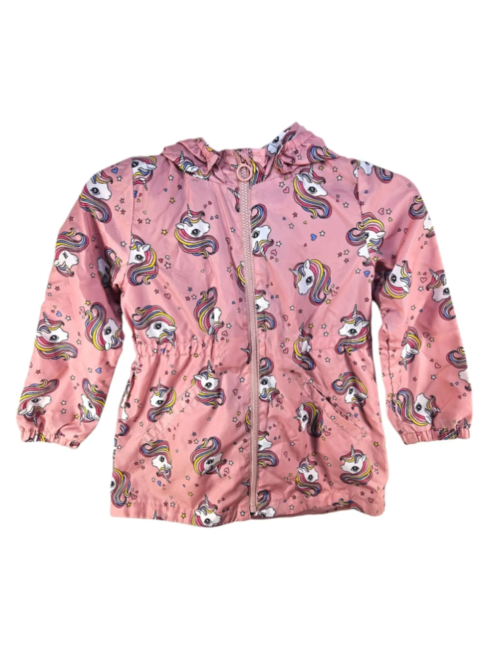 H&M Girls Unicorn Print Hooded Rain Jacket Pink Lightweight Size 6-7 Years